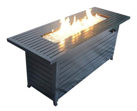 57in Outdoor Gas Propane Fire Pits Table, Aluminum, 50000BTU Firepit Fireplace Dinning Table with Lid, Fire Glass, Retangular, ETL Certification, for Garden Backyard Deck Patio-hammered black