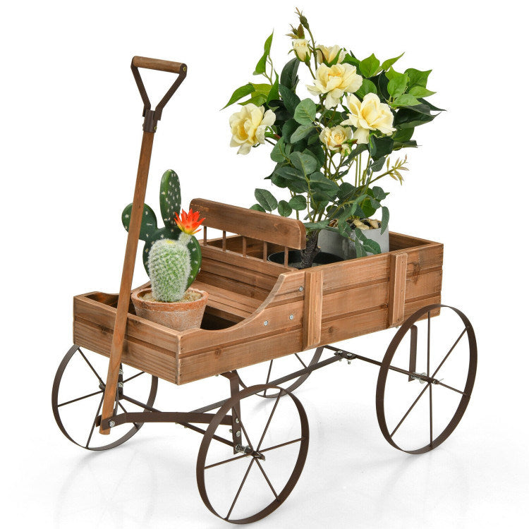 Wooden Wagon Plant Bed with Metal Wheels for Garden Yard Patio