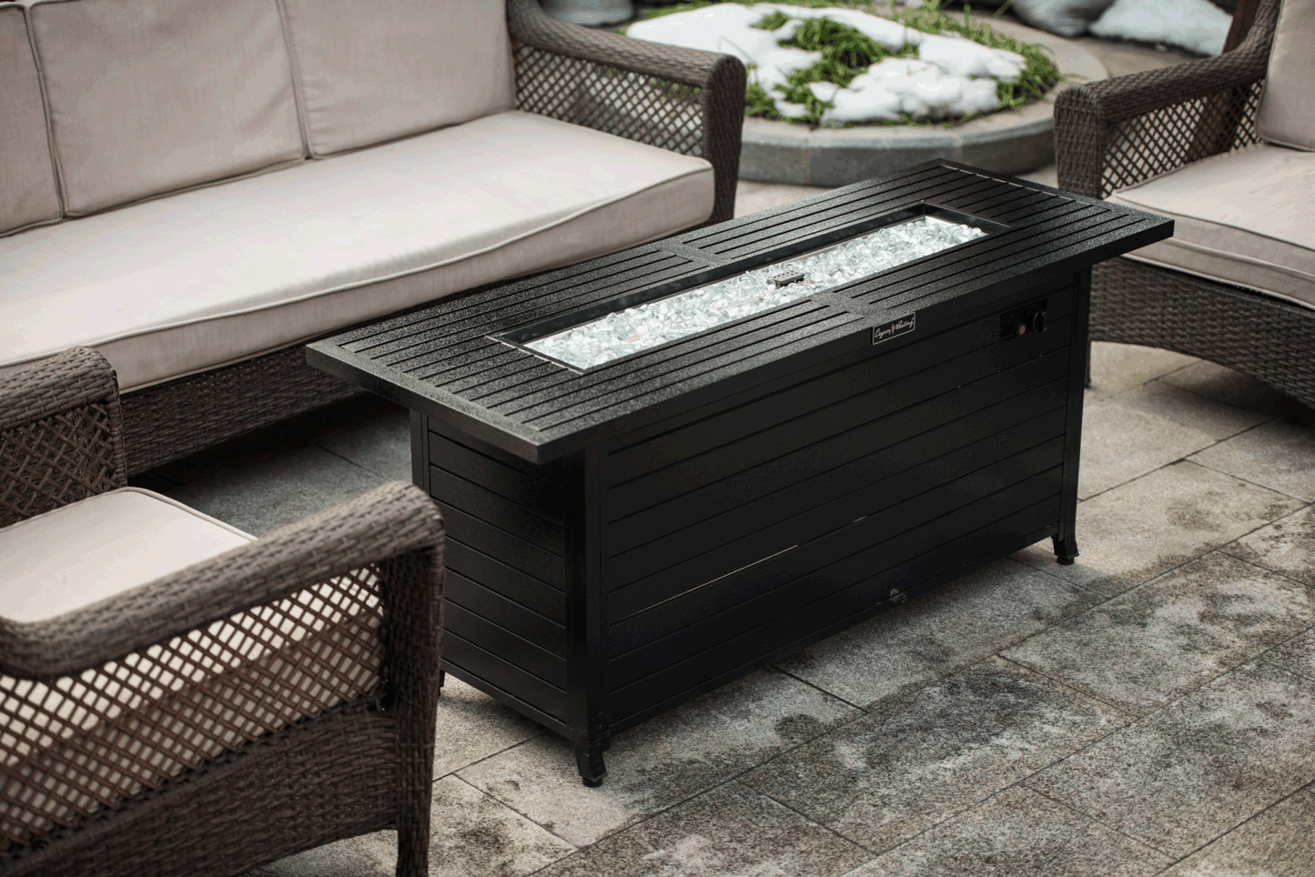 57in Outdoor Gas Propane Fire Pits Table, Aluminum, 50000BTU Firepit Fireplace Dinning Table with Lid, Fire Glass, Retangular, ETL Certification, for Garden Backyard Deck Patio-hammered black