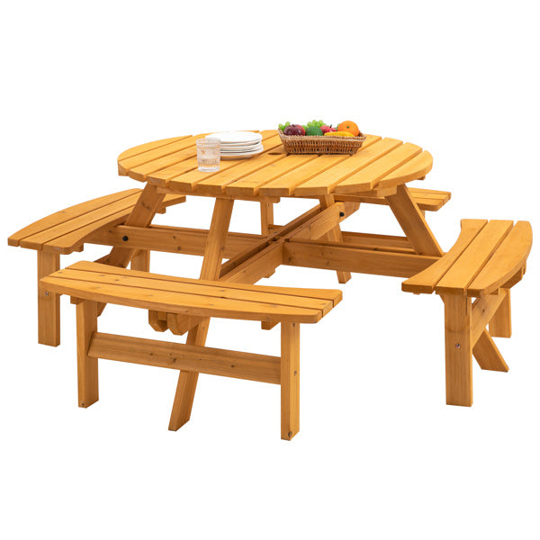 8-Person Outdoor Circular Wooden Picnic Table with 3 Built-in Benches for Patio Backyard Garden, Natural