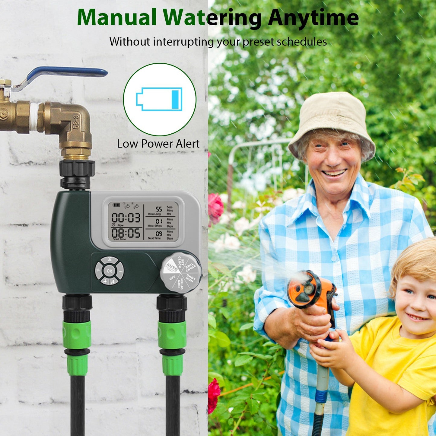 Sprinkler Timer with 2 Outlet Zones Digital Programmable Hose Faucet Timer Manual Automatic Watering Intelligent Drip Irrigation System for Garden Yard Lawn