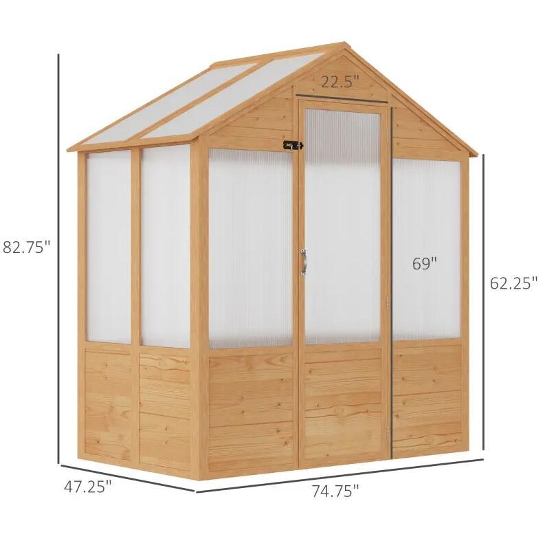 6' x 4' x 7' Wooden Greenhouse;  Walk-in Green House;  Outdoor Polycarbonate Greenhouse with Door;  Natural