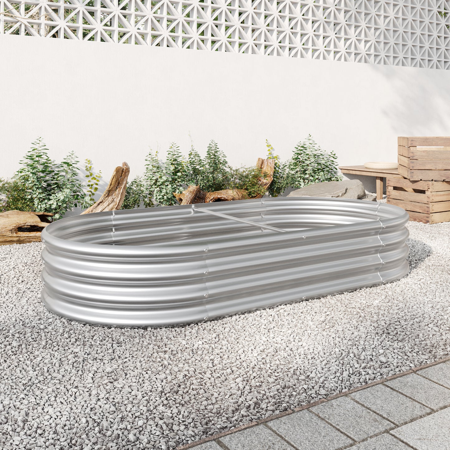 Raised Garden Bed Outdoor, Oval Large Metal Raised Planter Bed for for Plants, Vegetables, and Flowers - Silver