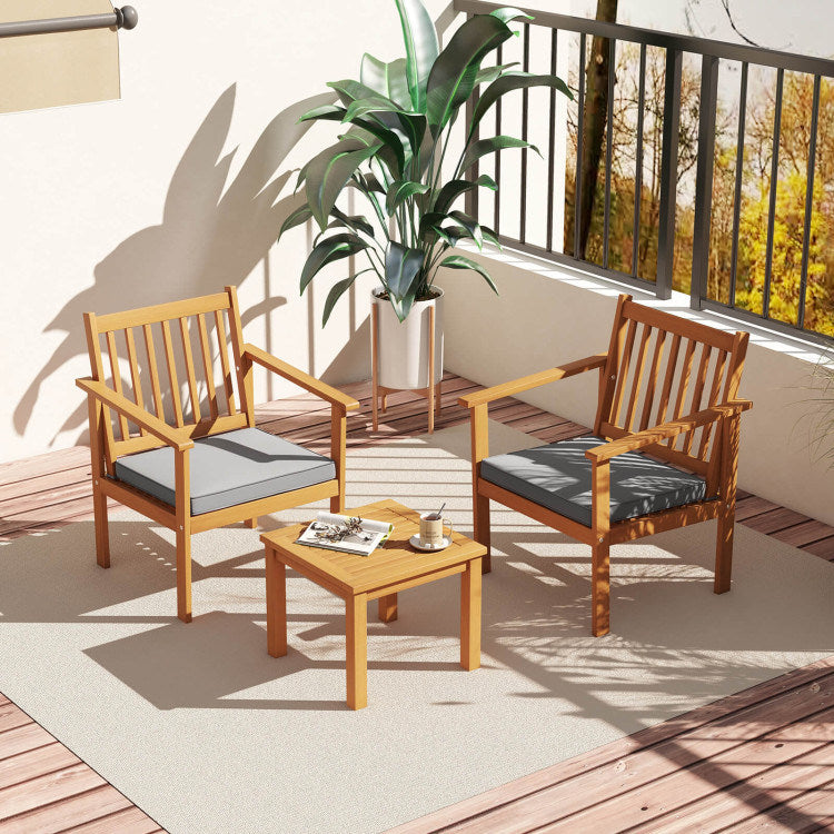 3 Pieces Patio Wood Furniture Set with soft Cushions for Porch