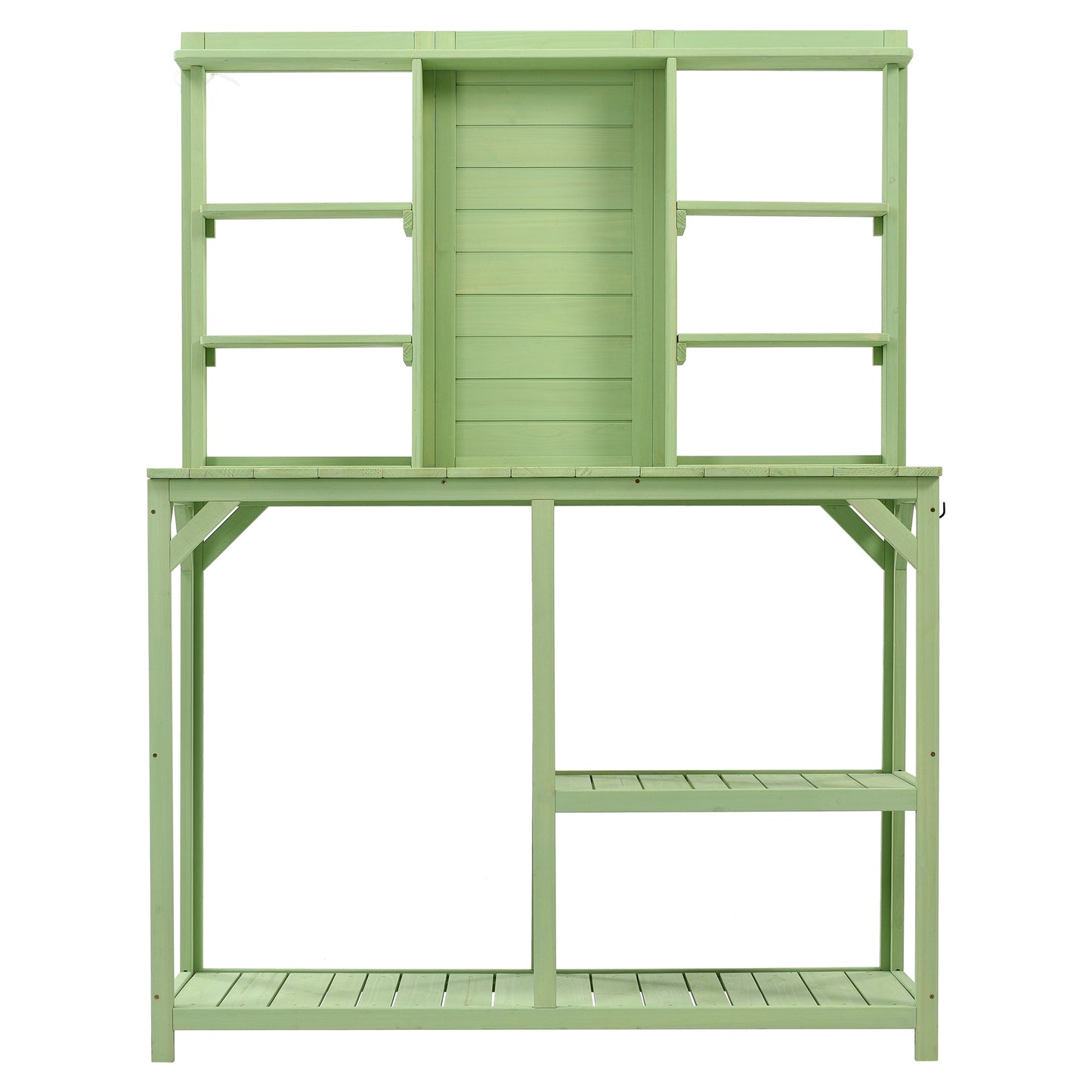 TOPMAX 64.6" Large Outdoor Potting Bench, Garden Potting Table, Wood Workstation with 6-Tier Shelves, Large Tabletop and Side Hook for Mudroom, Backyard,Green