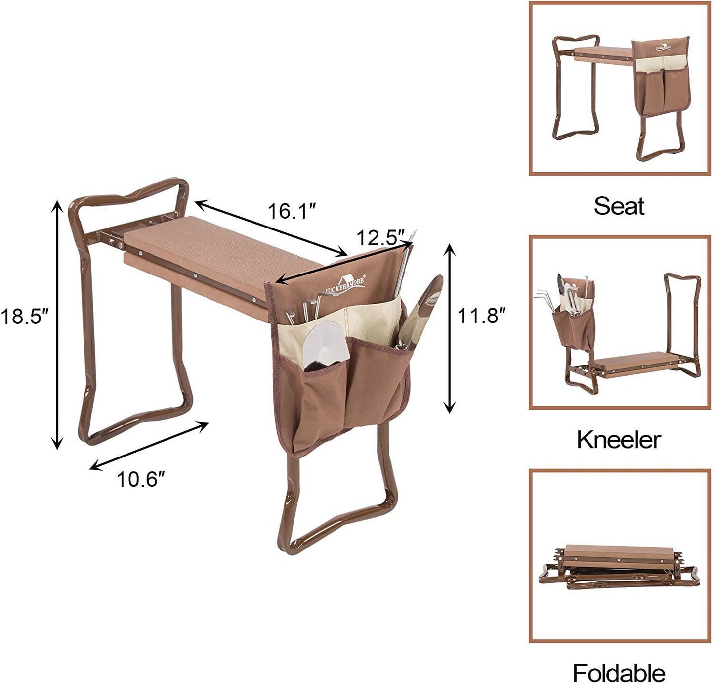 Folding Garden Kneeler Seat Foldable Bench Stool Soft Kneeling Pad w/ Tool Pouch;  Coffee Brown