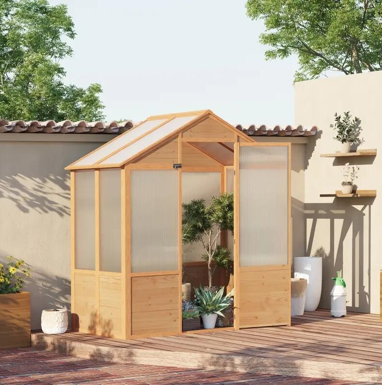 6' x 4' x 7' Wooden Greenhouse;  Walk-in Green House;  Outdoor Polycarbonate Greenhouse with Door;  Natural