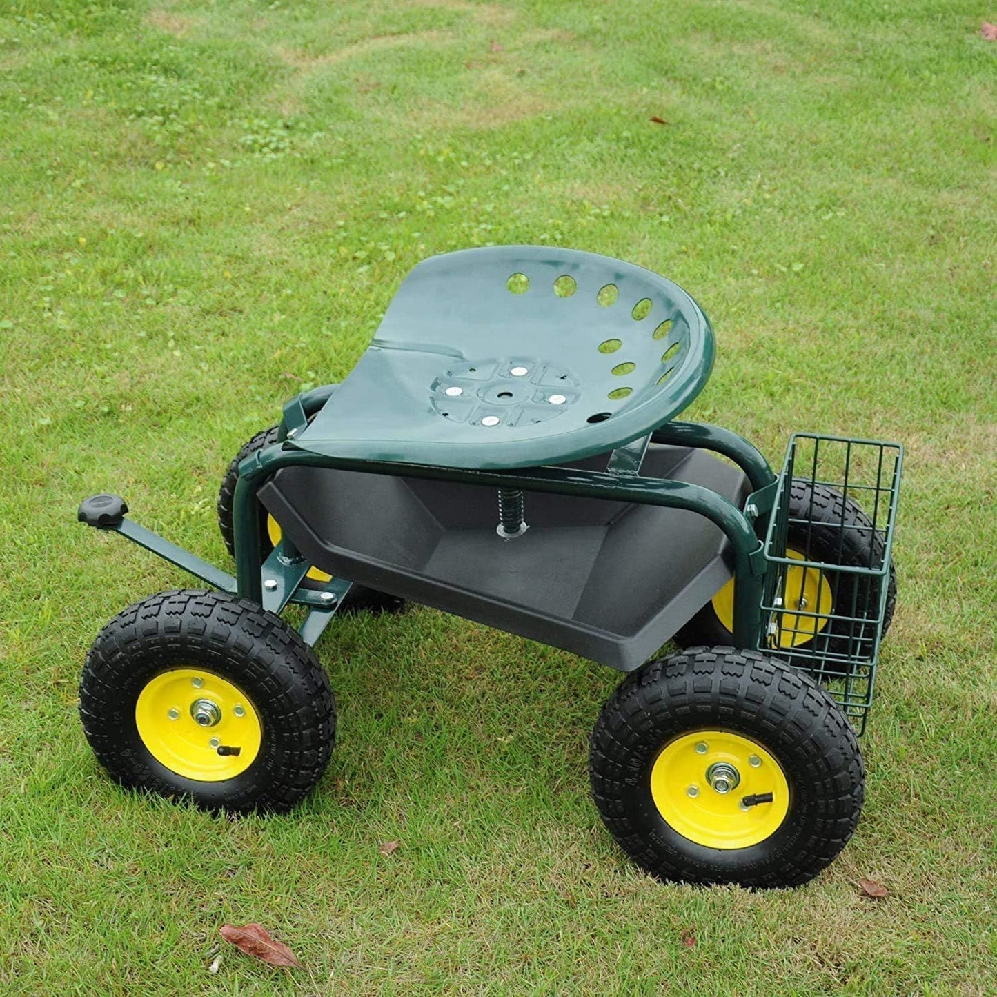 Garden Cart Rolling Work Seat with Tool Tray and 360 Swivel Seat