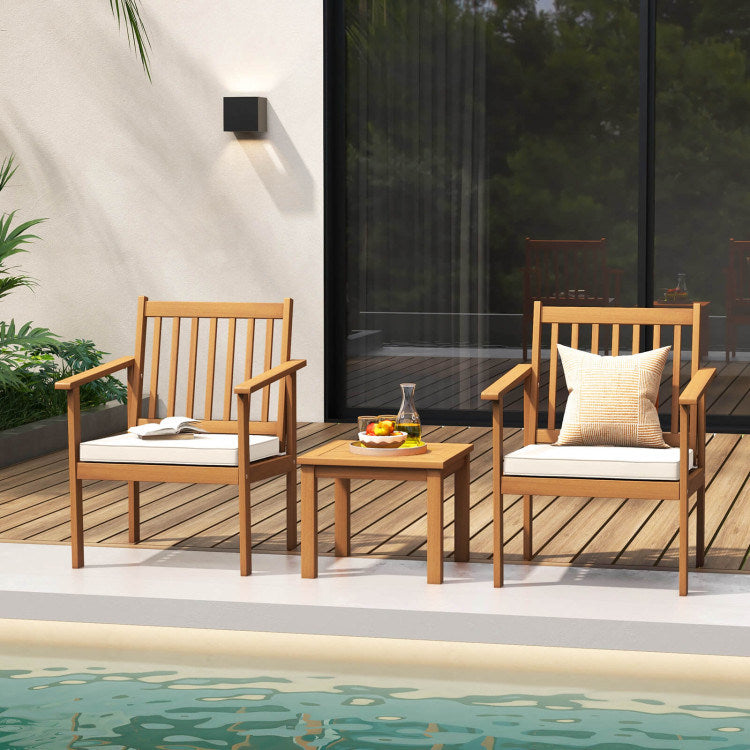 3 Pieces Patio Wood Furniture Set with soft Cushions for Porch