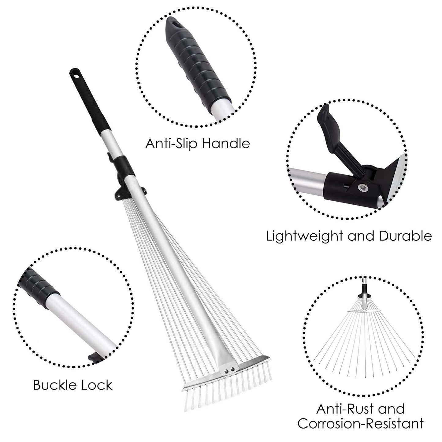 63in Adjustable Garden Leaf Rake 15 Teeth Expanding Stainless Steel Rake For Quick Clean Lawn Yard Garden