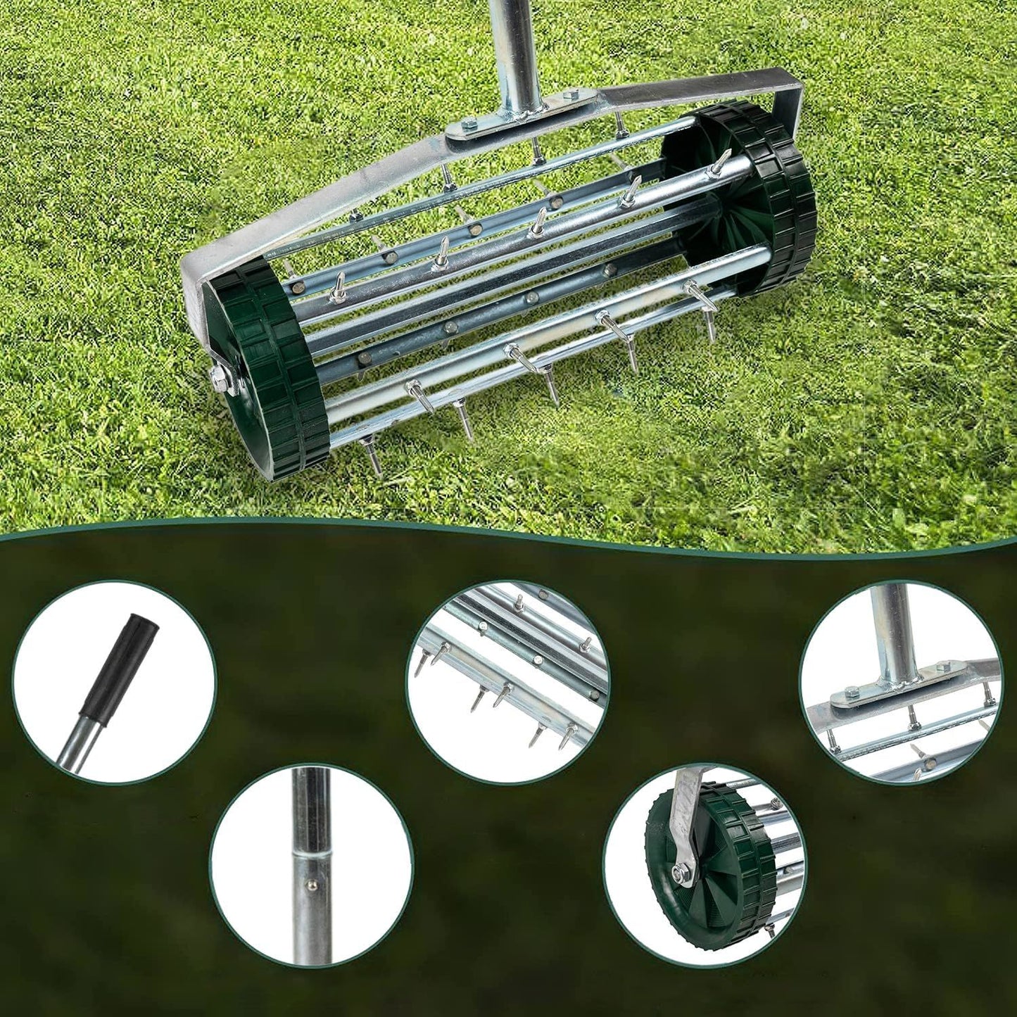 Heavy Duty Rolling Lawn Aerator,Rolling Lawn Aerator, Rotary Push Tine Spike Soil Lawn Aerator Gardening Tool with 3-Piece Long Steel Handle for Garden Yard Grass Maintenance,Garden Yard Rotary Push