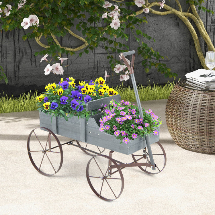 Wooden Wagon Plant Bed with Metal Wheels for Garden Yard Patio