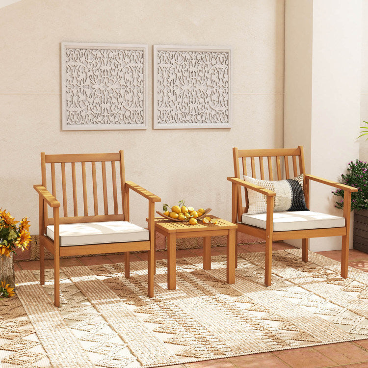 3 Pieces Patio Wood Furniture Set with soft Cushions for Porch