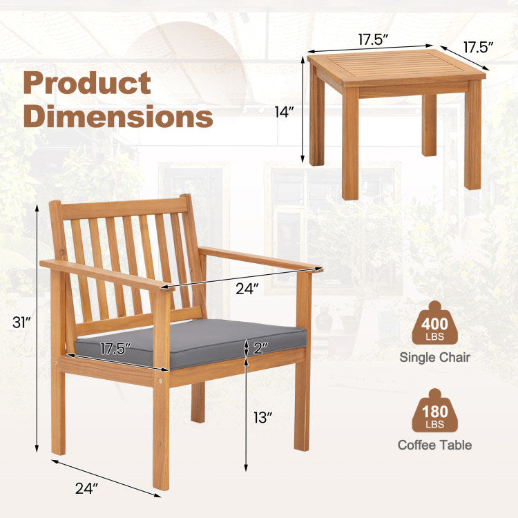 3 Pieces Patio Wood Furniture Set with soft Cushions for Porch