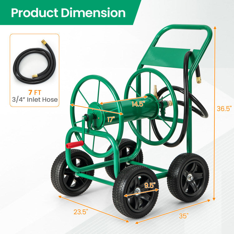 Garden Water Hose Reel Cart with 4 Wheels and Non-slip Grip