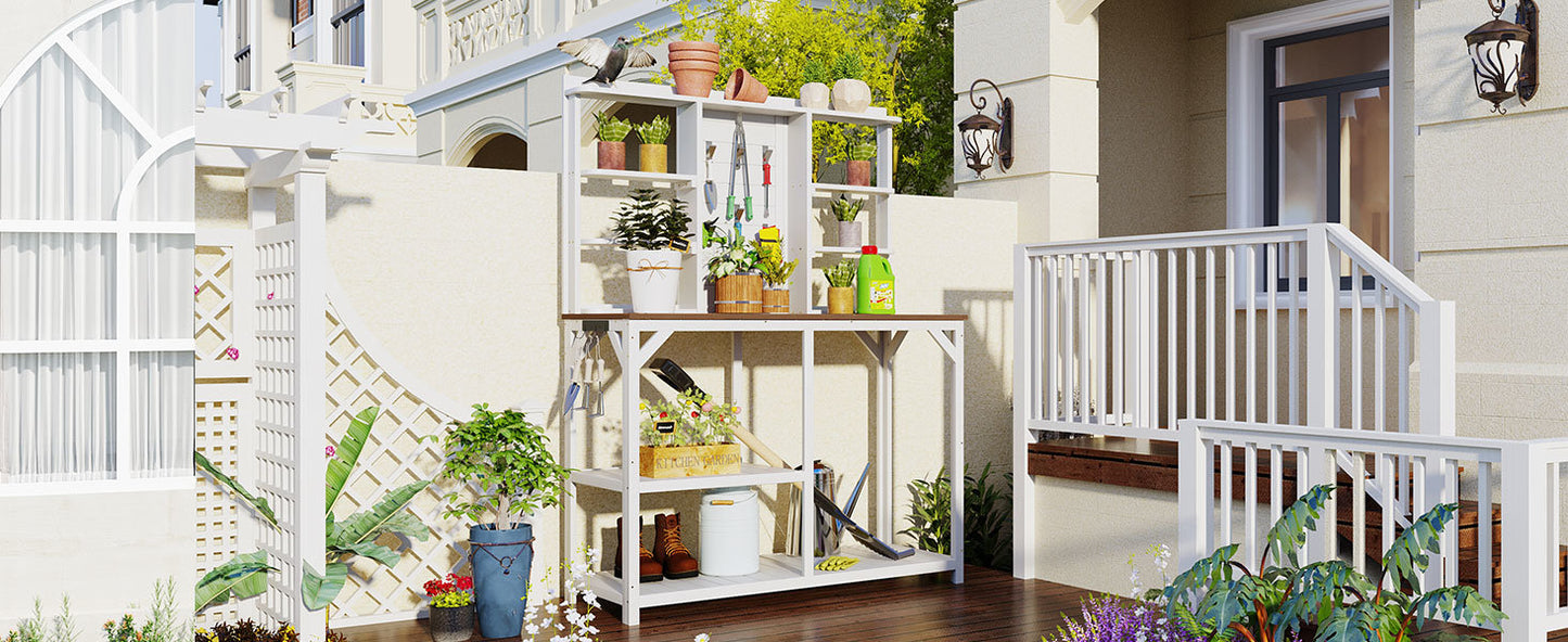 64.6\" Large Outdoor Potting Bench; Garden Potting Table; Wood Workstation with 6-Tier Shelves; Large Tabletop and Side Hook for Mudroom; Backyard