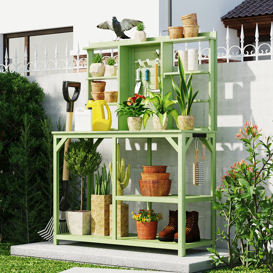 64.6\" Large Outdoor Potting Bench; Garden Potting Table; Wood Workstation with 6-Tier Shelves; Large Tabletop and Side Hook for Mudroom; Backyard