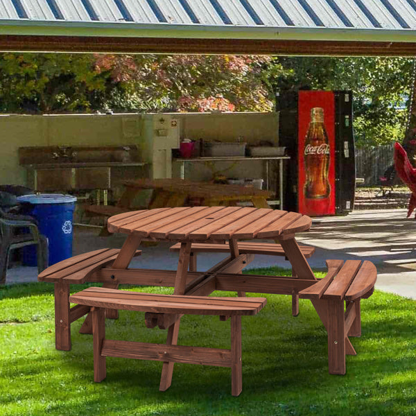 8-Person Outdoor Circular Wooden Picnic Table with 3 Built-in Benches for Patio Backyard Garden, Gray