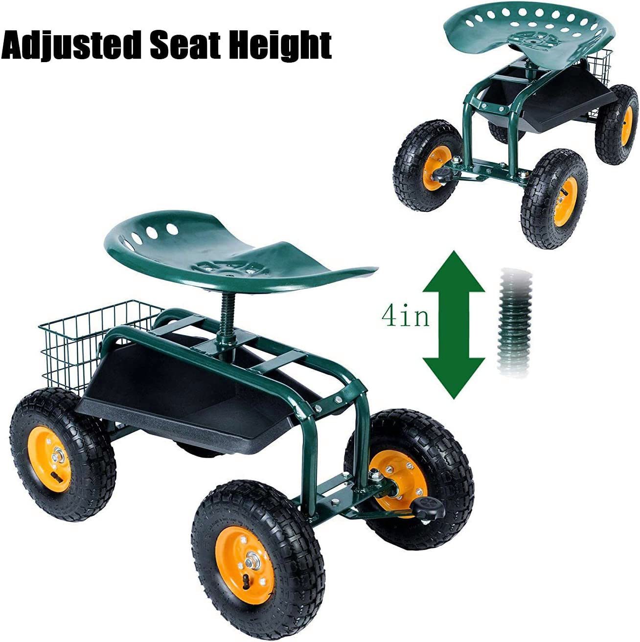 Garden Cart Rolling Work Seat with Tool Tray and 360 Swivel Seat