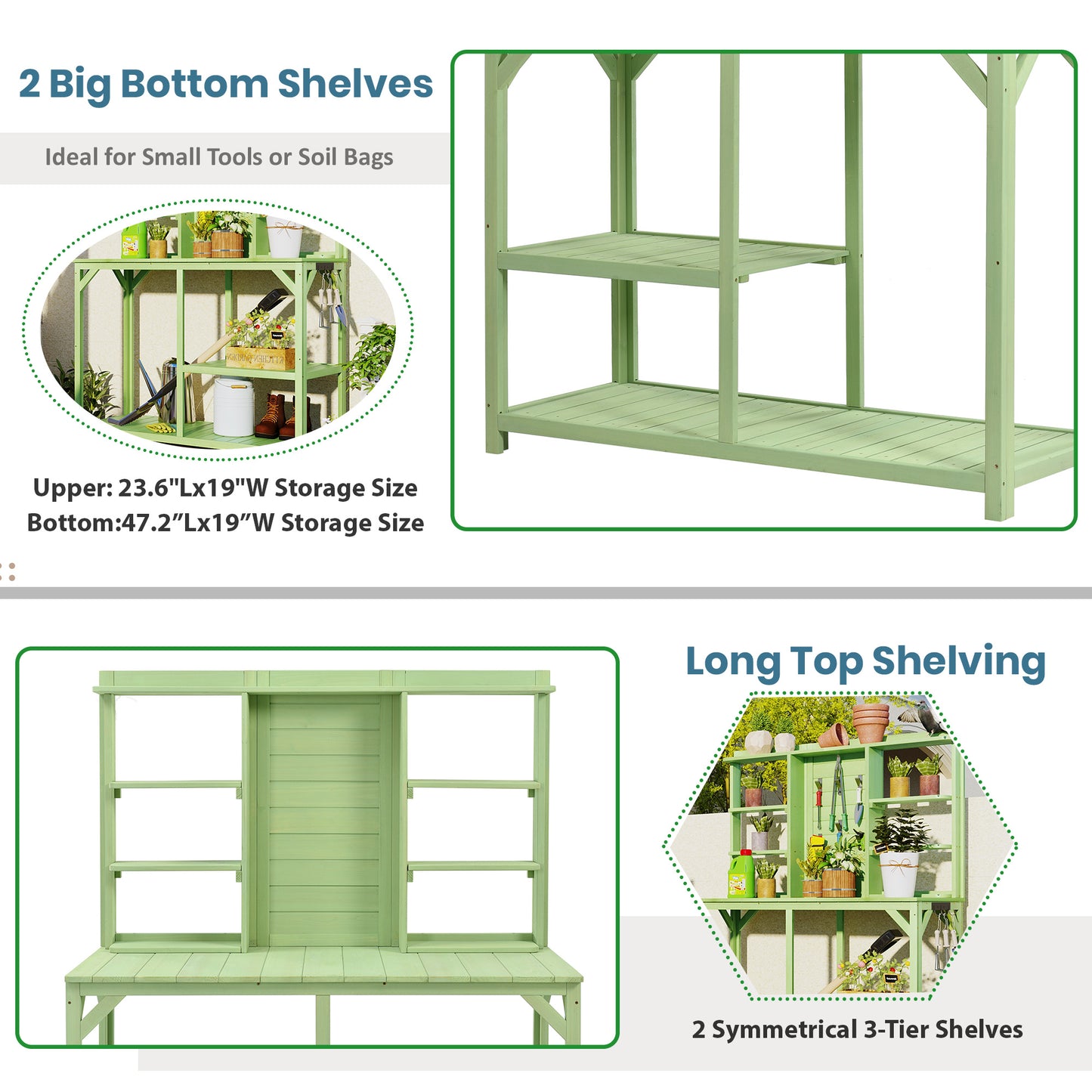 64.6\" Large Outdoor Potting Bench; Garden Potting Table; Wood Workstation with 6-Tier Shelves; Large Tabletop and Side Hook for Mudroom; Backyard