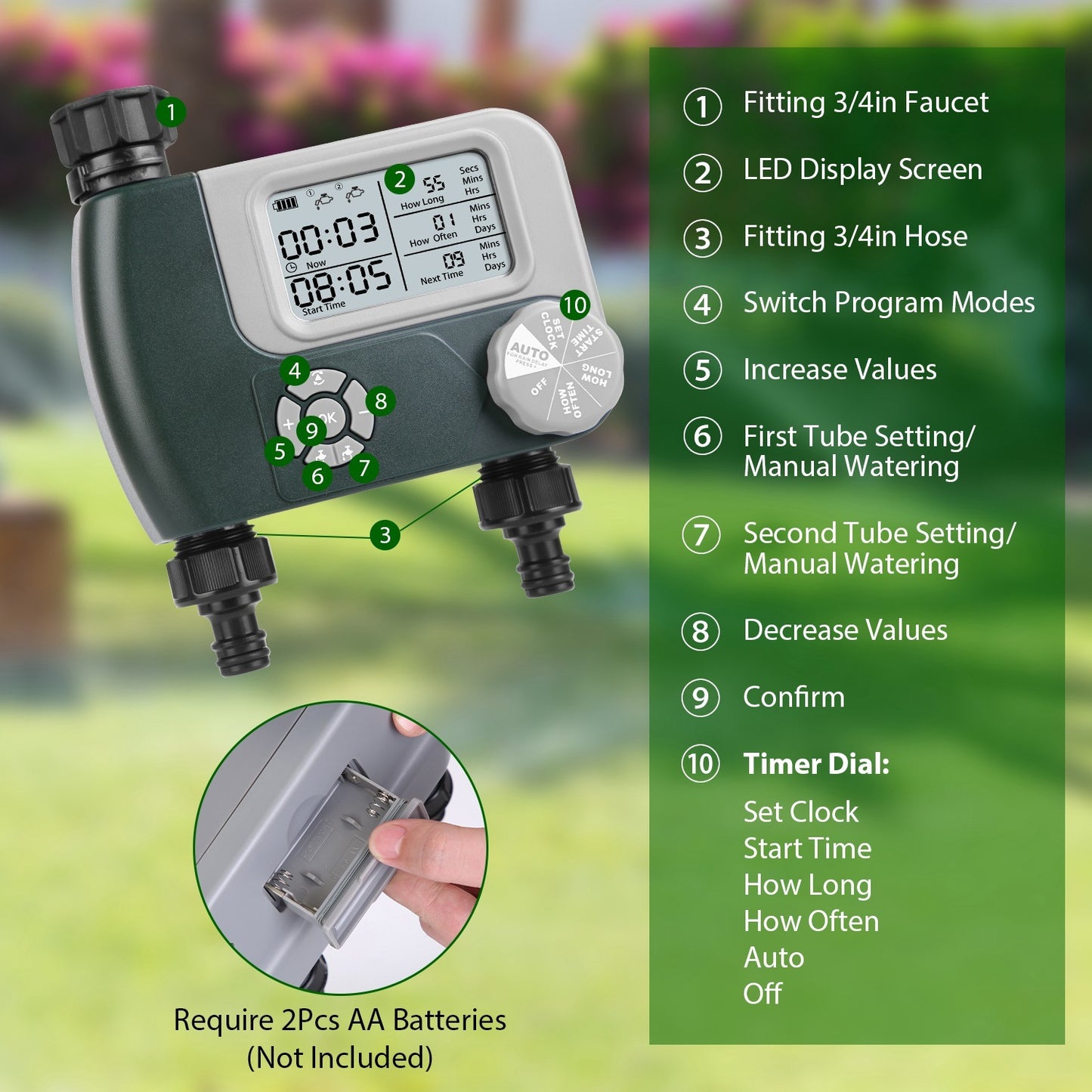 Sprinkler Timer with 2 Outlet Zones Digital Programmable Hose Faucet Timer Manual Automatic Watering Intelligent Drip Irrigation System for Garden Yard Lawn