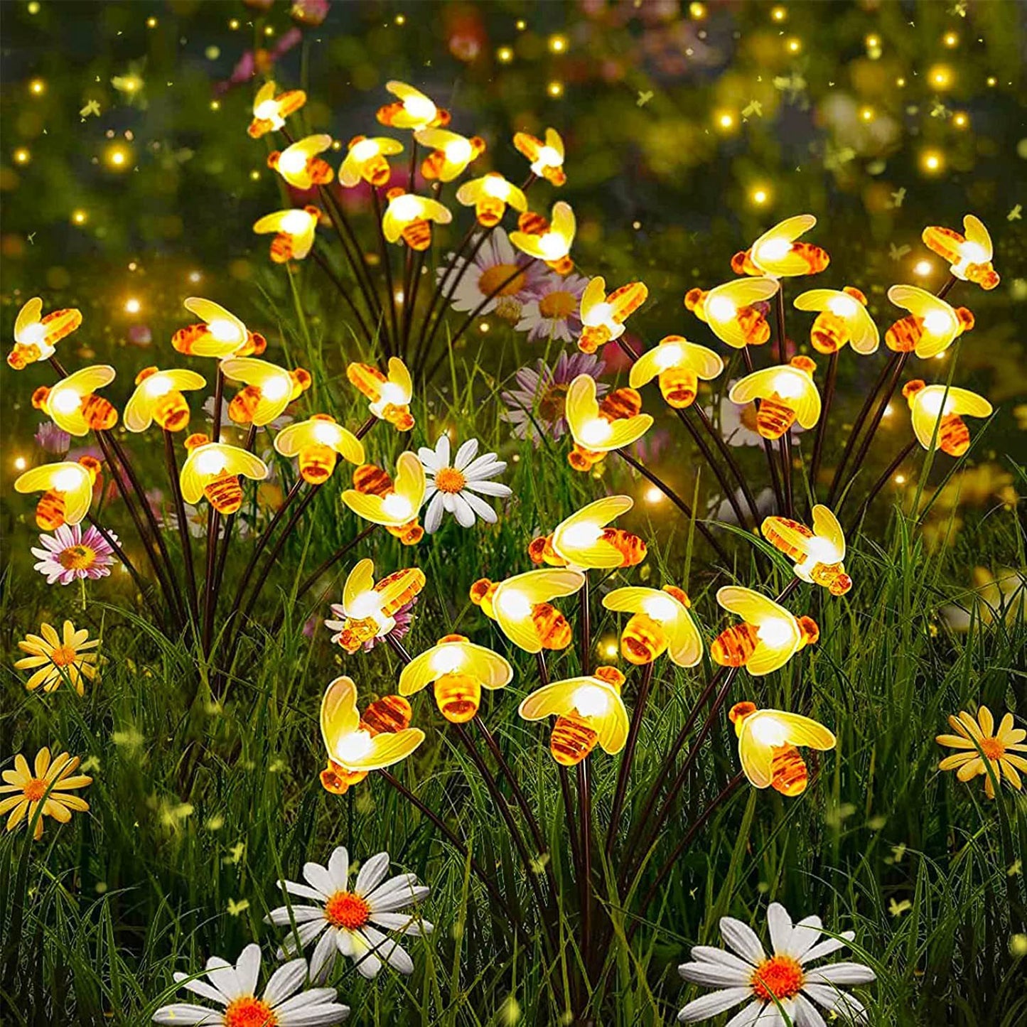 4Pack Solar Powered Stake Bee Light 2 Lighting Mode Lifelike Firefly Decorative Stake Lamp IP65 Waterproof Outdoor Landscape Garden Light Warm Yellow