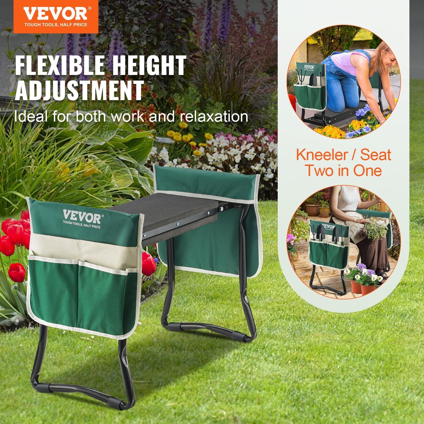 Garden Kneeler and Seat, 330 lbs Load Capacity, 8" EVA Wide Pad, Foldable Garden Stool, Kneeling Bench for Gardening with Tool Bag, Gifts for Women, Grandparents, Seniors, Mom and Dad