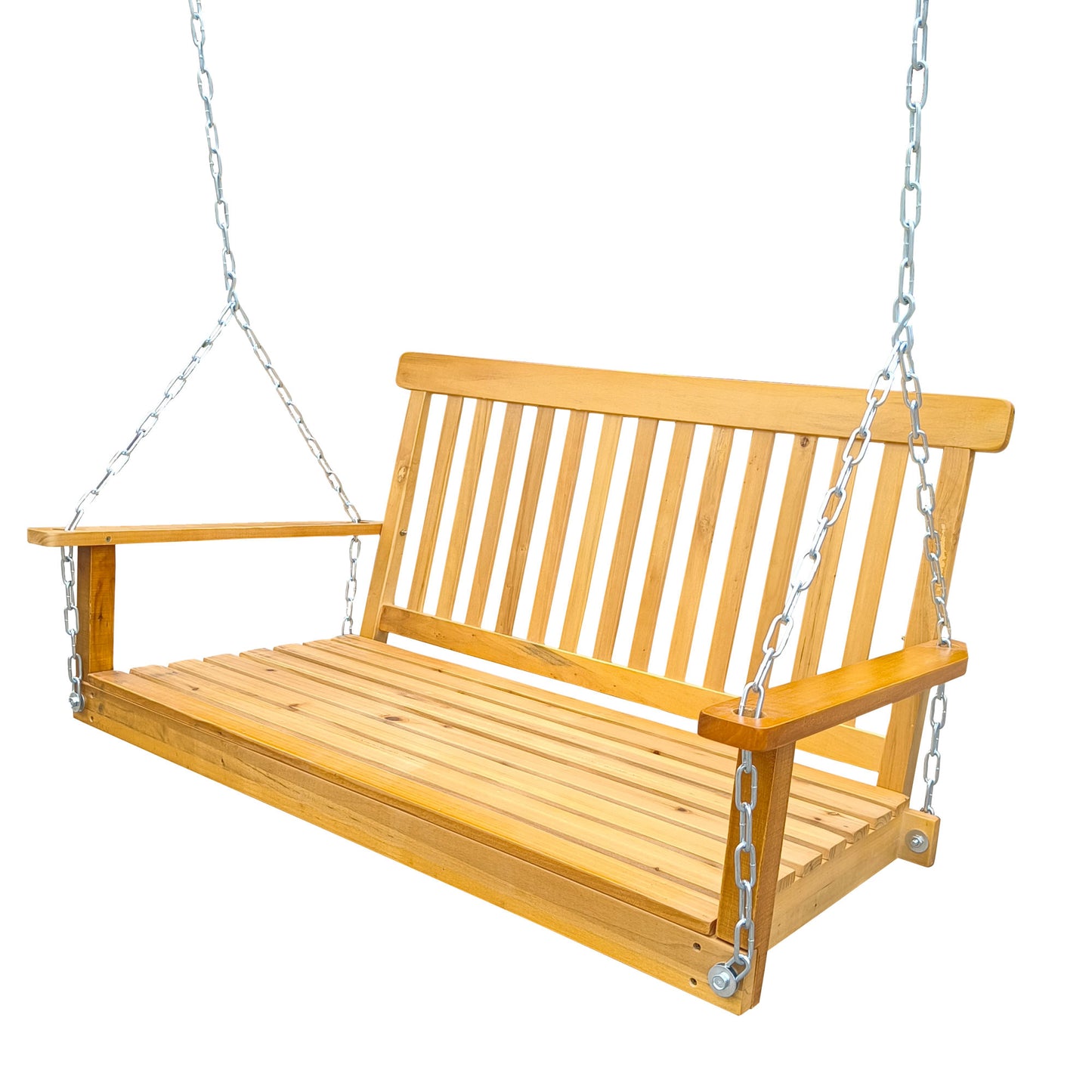 Front Porch Swing with Armrests, Wood Bench Swing with Hanging Chains,for Outdoor Patio ,Garden Yard, porch, backyard, or sunroom,Easy to Assemble,teak