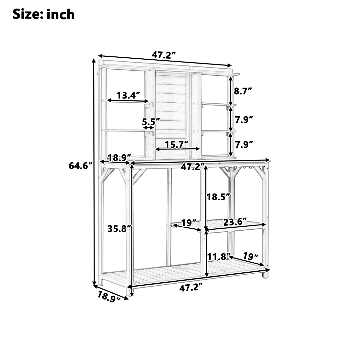 64.6\" Large Outdoor Potting Bench; Garden Potting Table; Wood Workstation with 6-Tier Shelves; Large Tabletop and Side Hook for Mudroom; Backyard