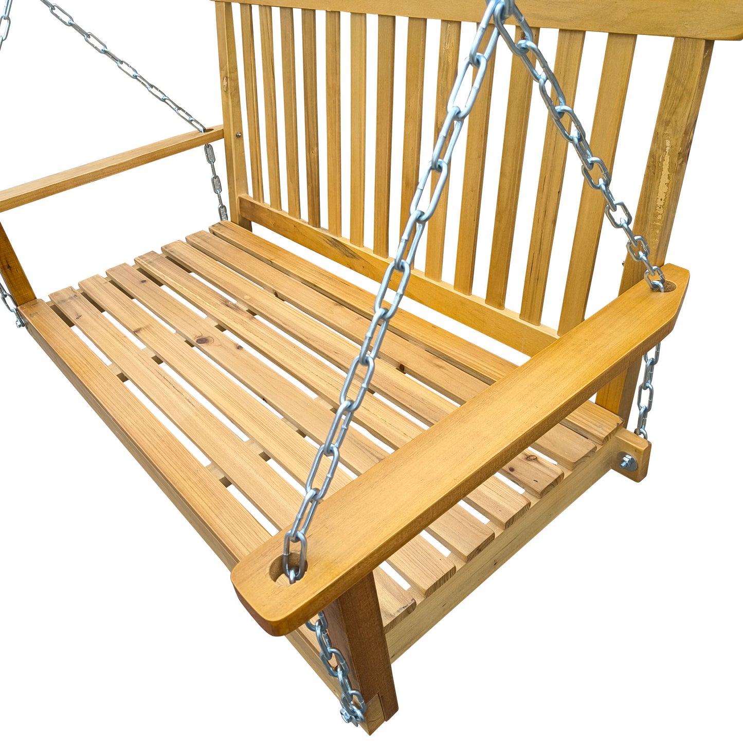 Front Porch Swing with Armrests, Wood Bench Swing with Hanging Chains,for Outdoor Patio ,Garden Yard, porch, backyard, or sunroom,Easy to Assemble,teak