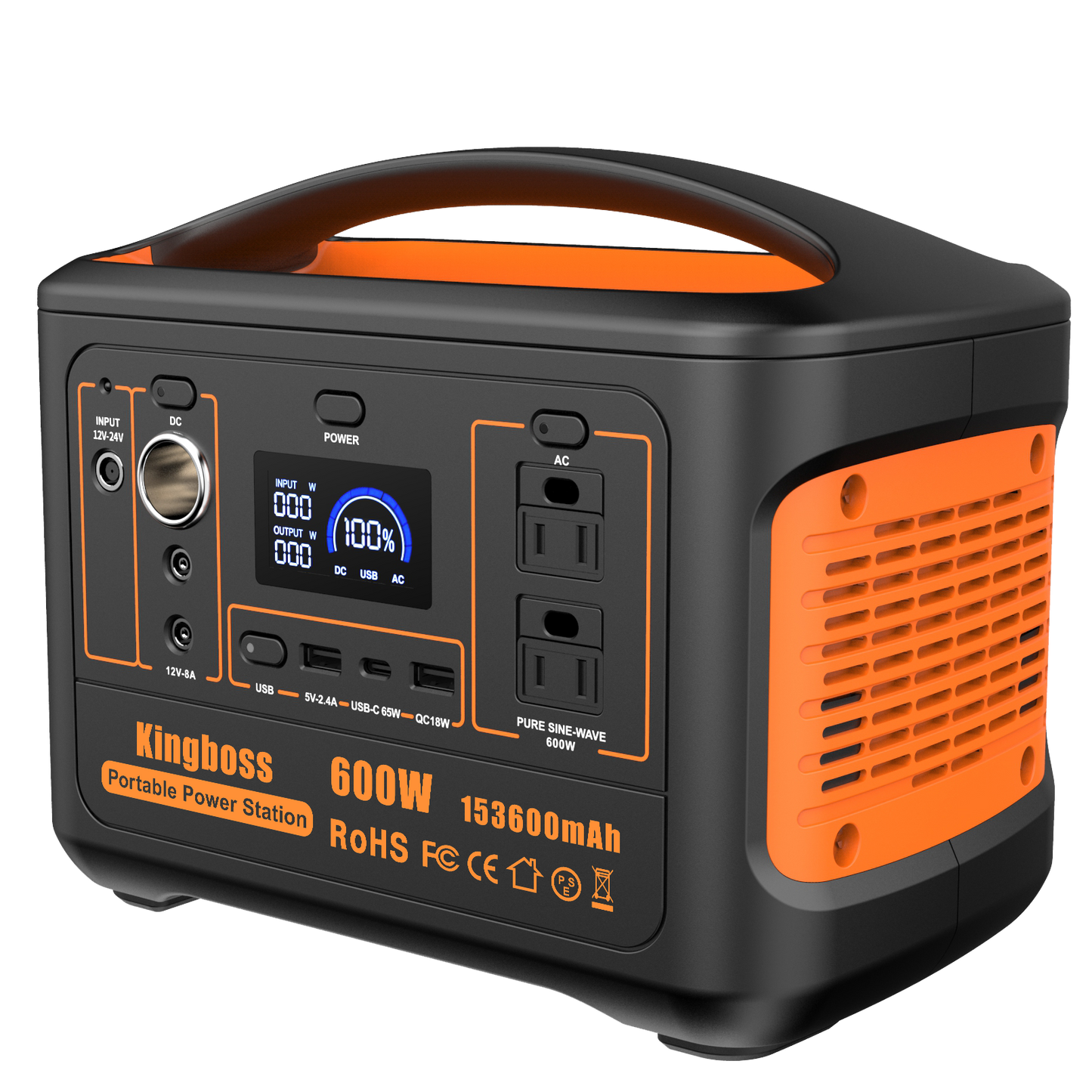 600W Portable Power Station Solar Generator (Peak 1200W) Kingboss;  153600mAh 568WH;  Lithium Battery 110V/600W;  AC Outlet;  2*DC Carport;  2*USB-C;  QC USB 3.0;  Camping Power bank;  Outdoor Indoor