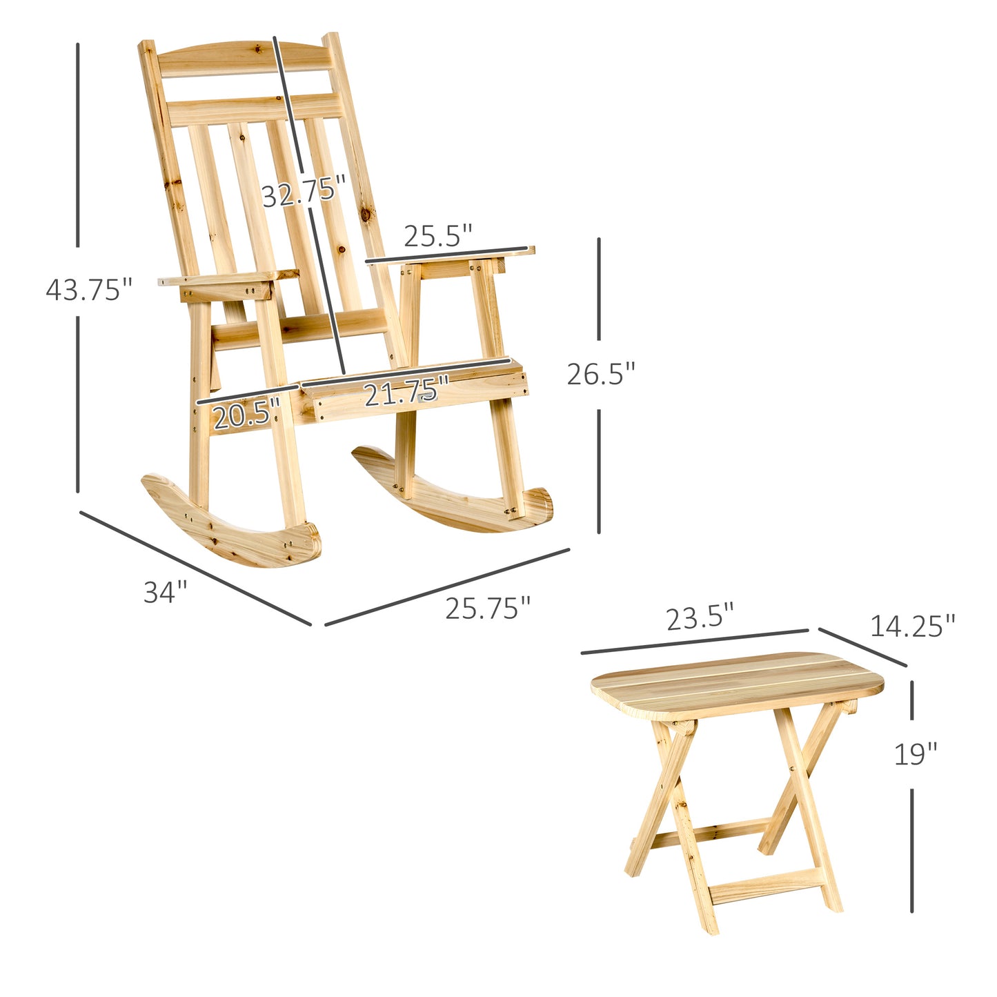 2 Pieces Wood Patio Bistro Set, Outdoor Rocking Chair Set with Armrests and High Back Rocking Chair and Portable Side Table, for Indoor, Outdoor, Patio, Backyard, Natural