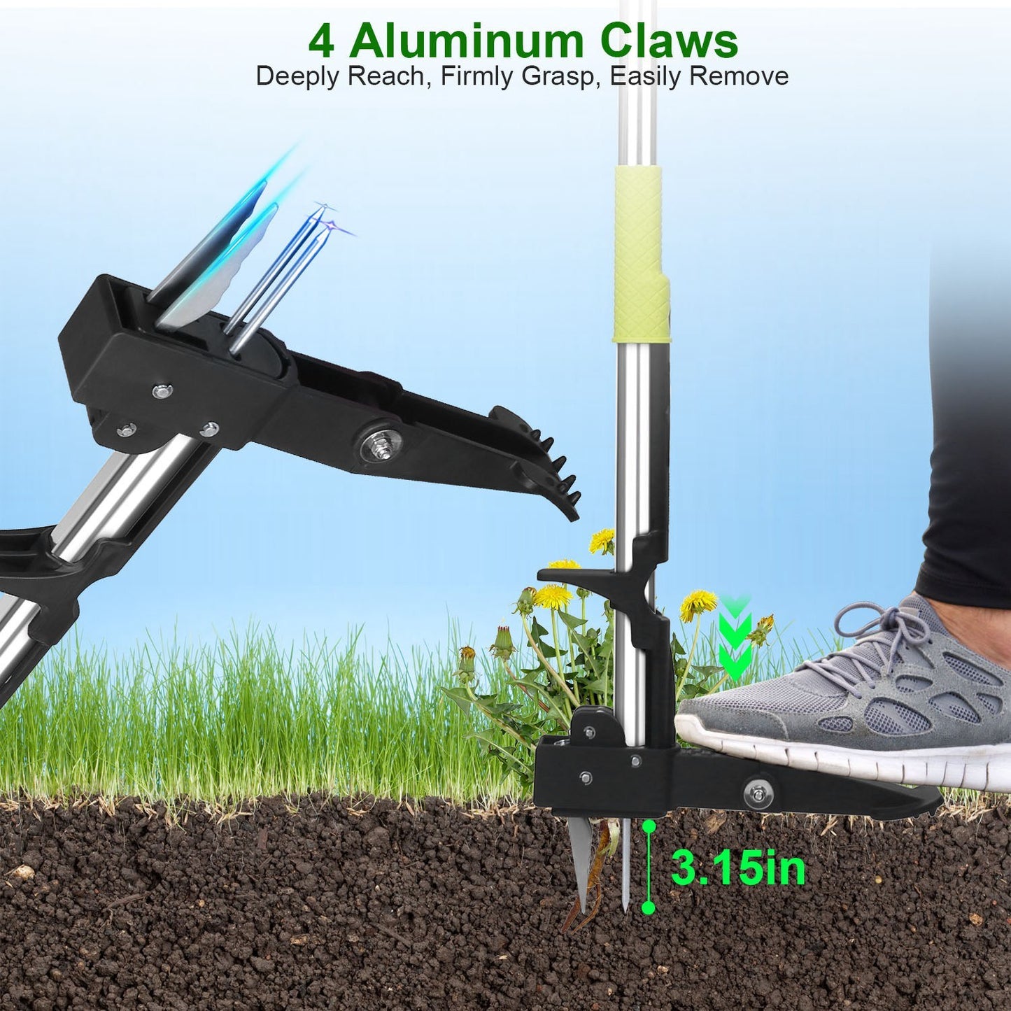 38.97in Aluminum Weed Puller Stand Up Weeder Without Bending Kneeling Manual Weed Remover Tool with 4 Claws for Lawn Yard Garden Patio