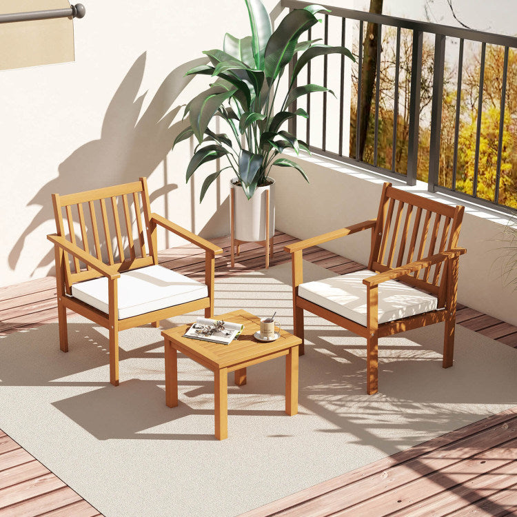 3 Pieces Patio Wood Furniture Set with soft Cushions for Porch