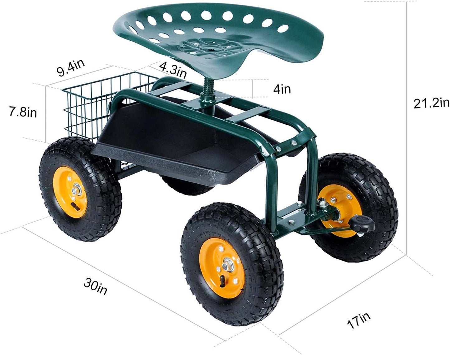 Garden Cart Rolling Work Seat with Tool Tray and 360 Swivel Seat