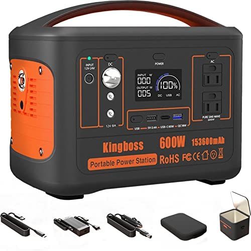 Solar Generator Portable Power Station 600W (Peak 1200W) Kingboss;  153600mAh 568WH;  Lithium Battery 110V/600W;  AC Outlet;  2*DC Carport;  2*USB-C;  QC USB 3.0;  Camping Power bank;  Outdoor Indoor