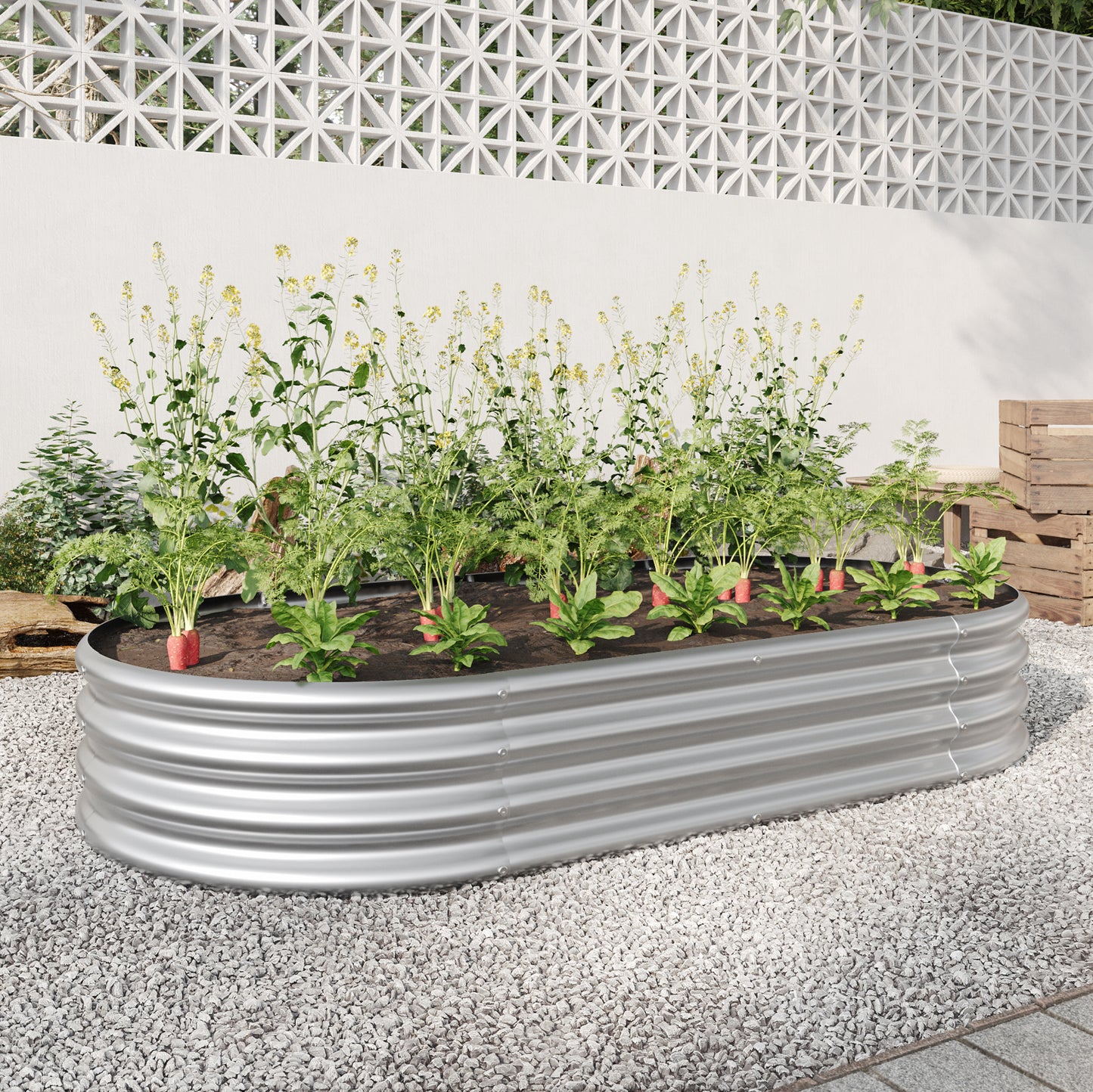 Raised Garden Bed Outdoor, Oval Large Metal Raised Planter Bed for for Plants, Vegetables, and Flowers - Silver