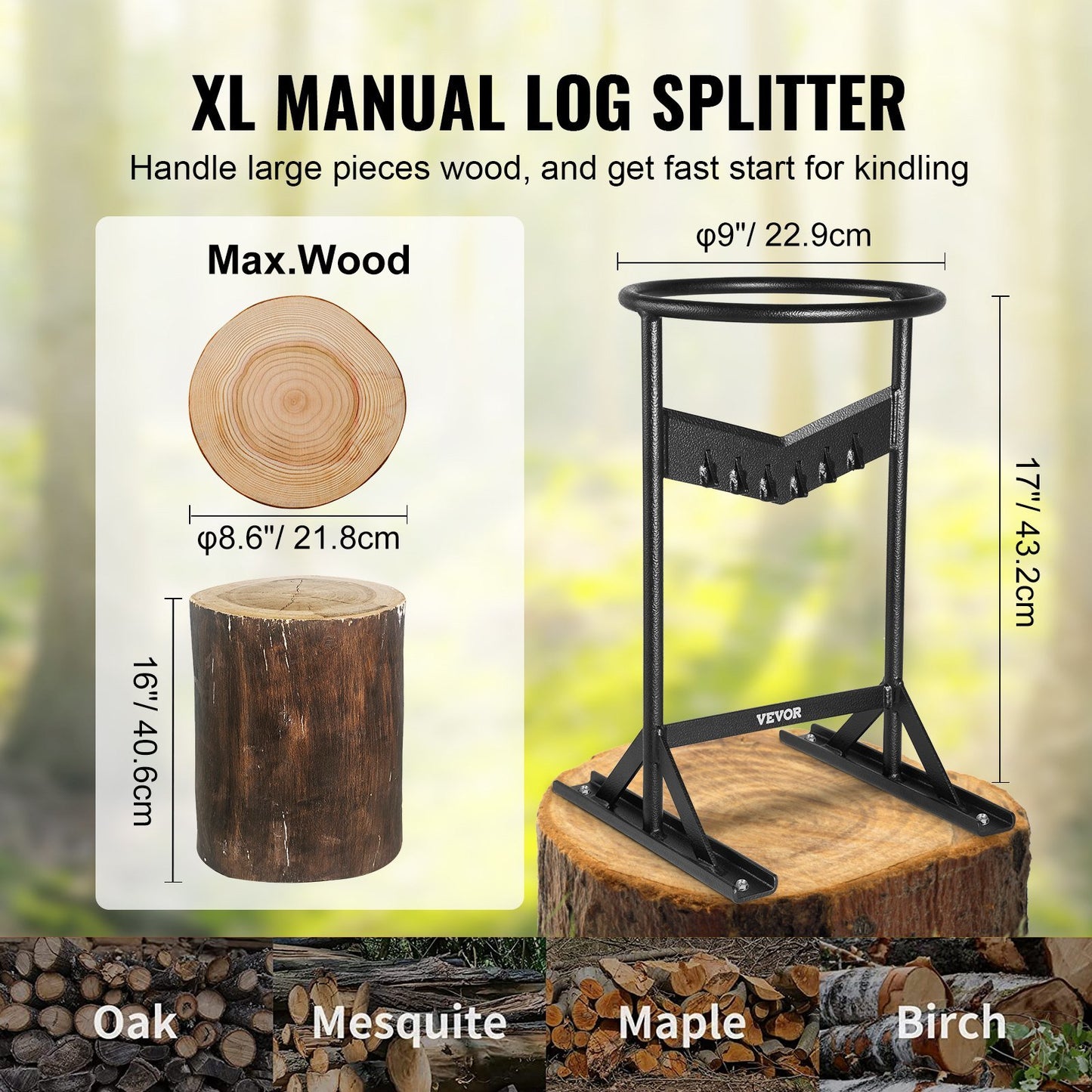 Firewood Kindling Splitter, 9''x17'' XL Wood Splitter, Unique V-Shaped Finger-Safety Blade, Manual Log Splitter for Wood Splitting, Heavy Duty Strong Steel Structure & Stability, Log Splitter