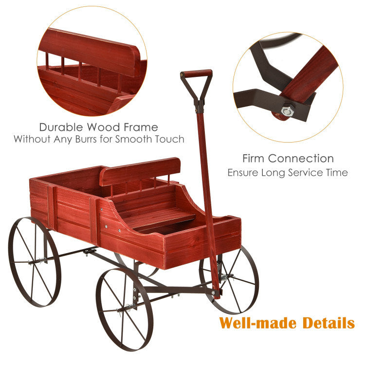 Wooden Wagon Plant Bed with Metal Wheels for Garden Yard Patio