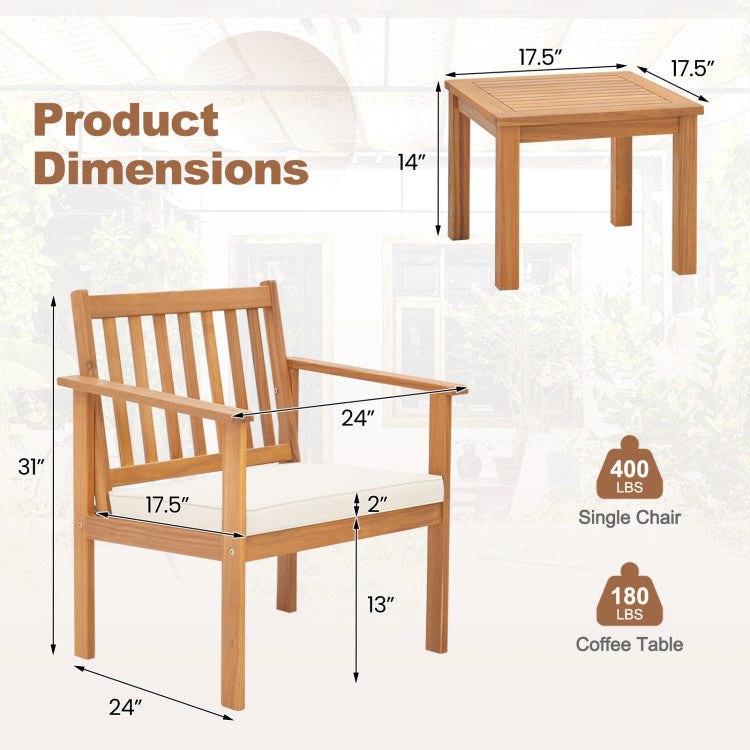 3 Pieces Patio Wood Furniture Set with soft Cushions for Porch