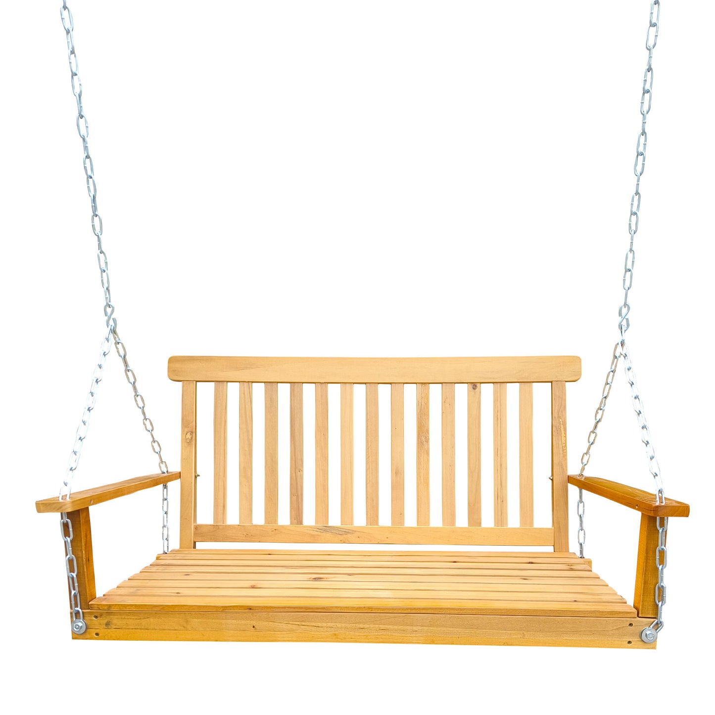 Front Porch Swing with Armrests, Wood Bench Swing with Hanging Chains,for Outdoor Patio ,Garden Yard, porch, backyard, or sunroom,Easy to Assemble,teak