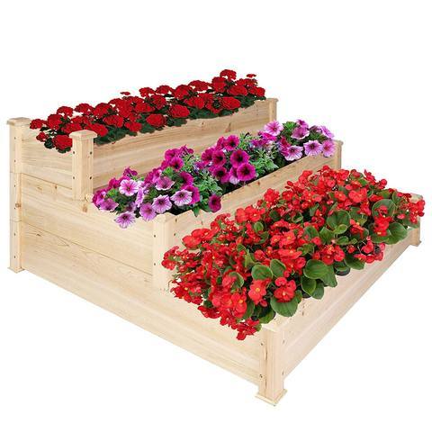 Bosonshop 3 Tier Raised Garden Bed Kit Wooden Planter Box Heavy Duty Solid Fir Wood;  47" x 47" x 21"