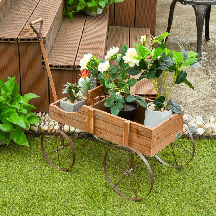 Wooden Wagon Plant Bed with Metal Wheels for Garden Yard Patio