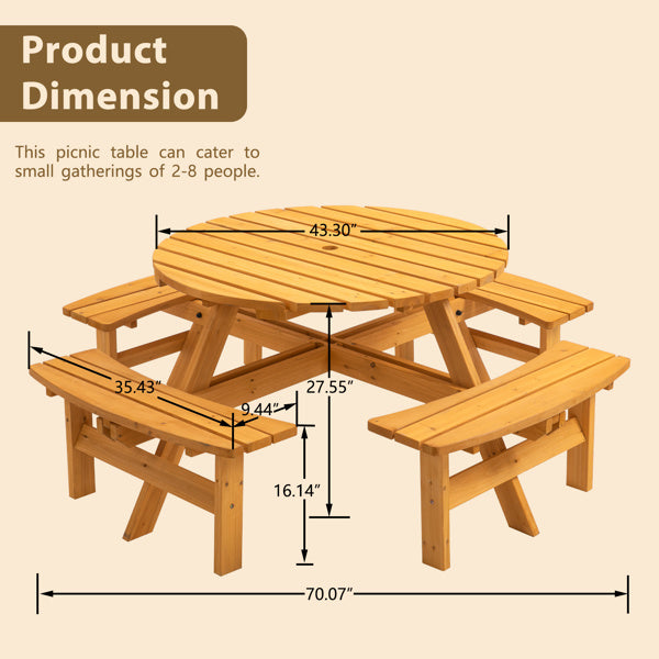 8-Person Outdoor Circular Wooden Picnic Table with 3 Built-in Benches for Patio Backyard Garden, Natural