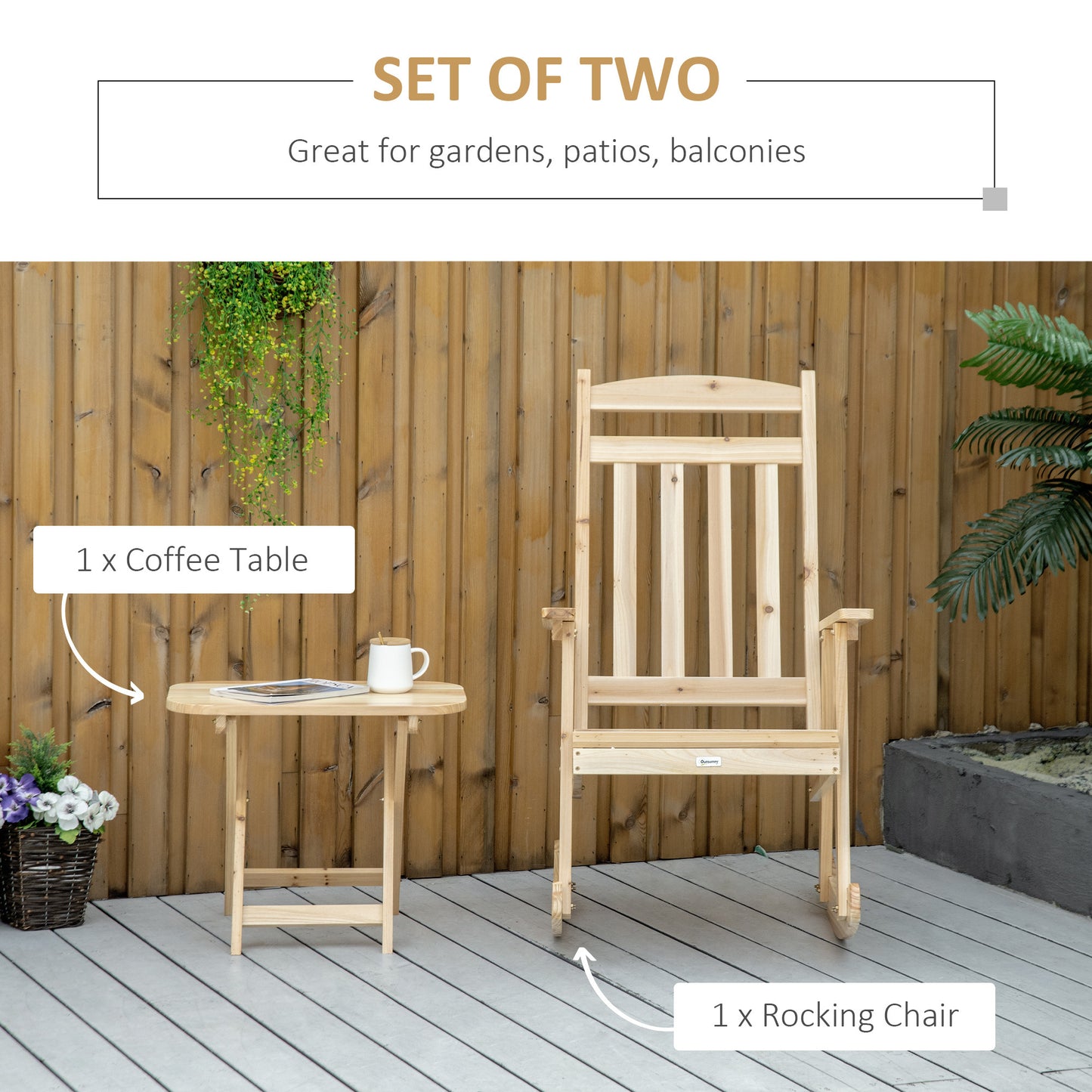 2 Pieces Wood Patio Bistro Set, Outdoor Rocking Chair Set with Armrests and High Back Rocking Chair and Portable Side Table, for Indoor, Outdoor, Patio, Backyard, Natural