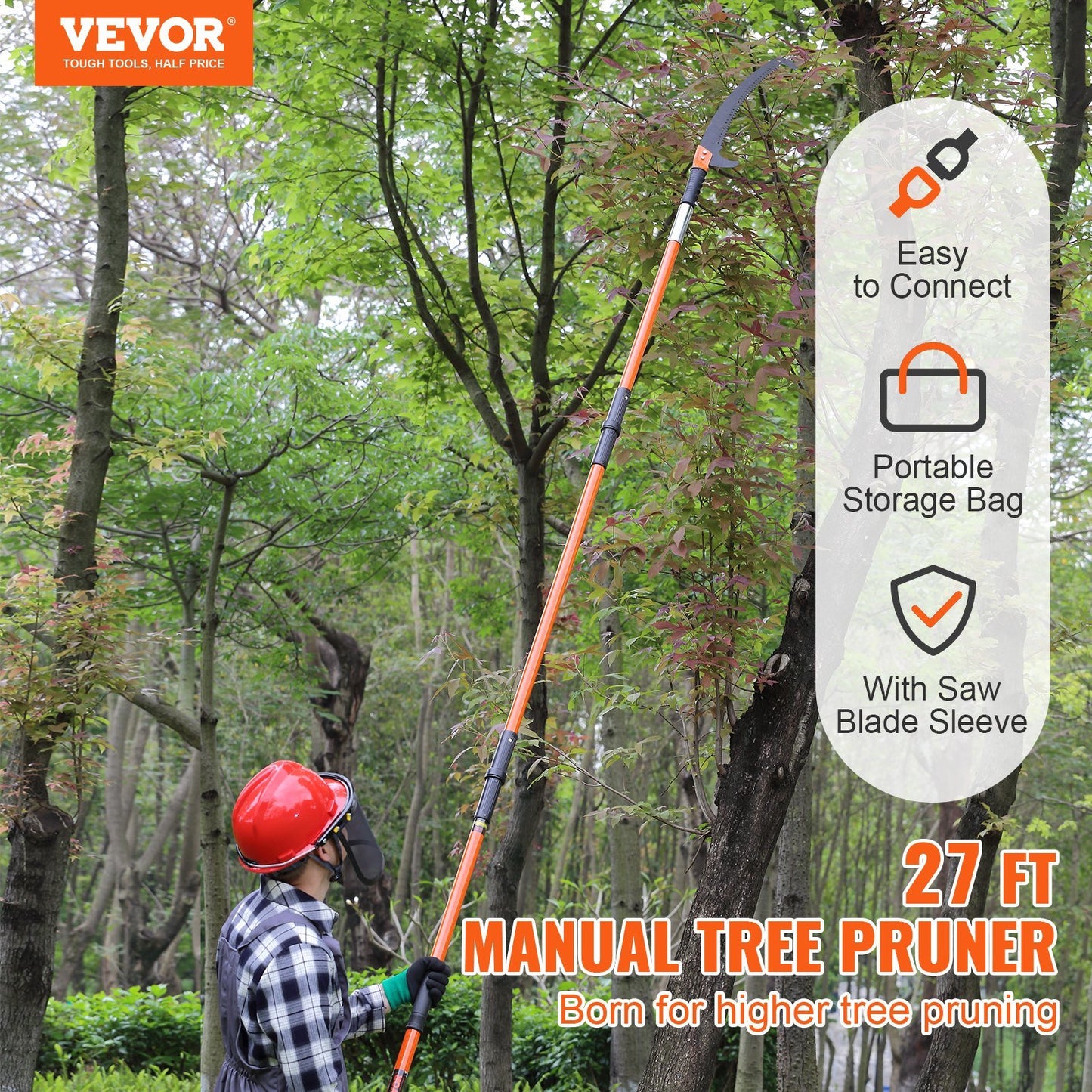 Manual Pole Saw, 7.3-27 ft Extendable Tree Pruner, Sharp Steel Blade High Branches Trimming, Manual Branch Trimmer with Lightweight 8 Fiberglass Handles, for Pruning Palms and Shrubs