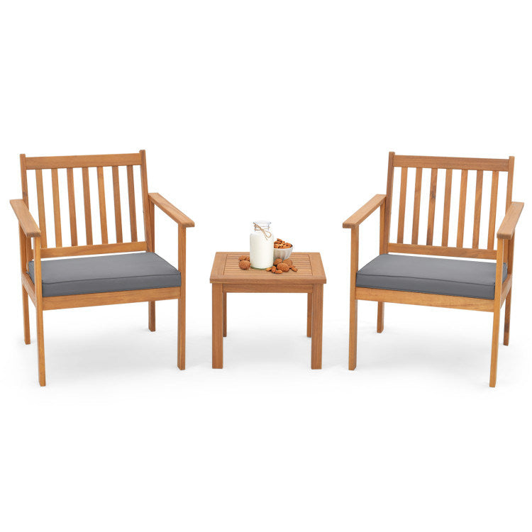 3 Pieces Patio Wood Furniture Set with soft Cushions for Porch