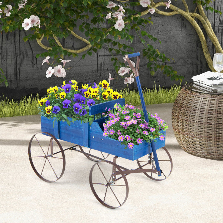 Wooden Wagon Plant Bed with Metal Wheels for Garden Yard Patio