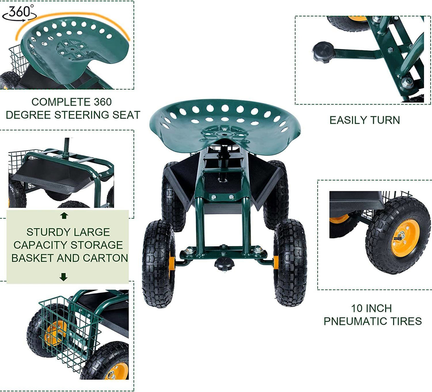 Garden Cart Rolling Work Seat with Tool Tray and 360 Swivel Seat