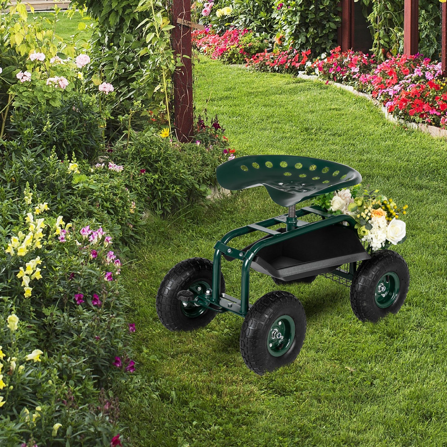 75*45*47cm Iron Short Handle Garden Seat Car, Garden Cart Rolling Work Seat Outdoor Utility Lawn Yard Patio Wagon Scooter for PlantingRT